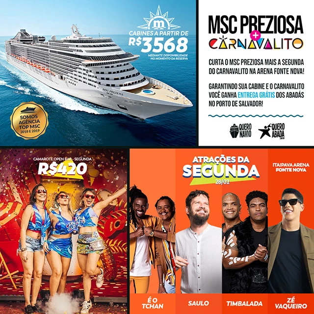 vem de navio msc preziosa? Curta o carnaval de salvador 2022 no carnavalito