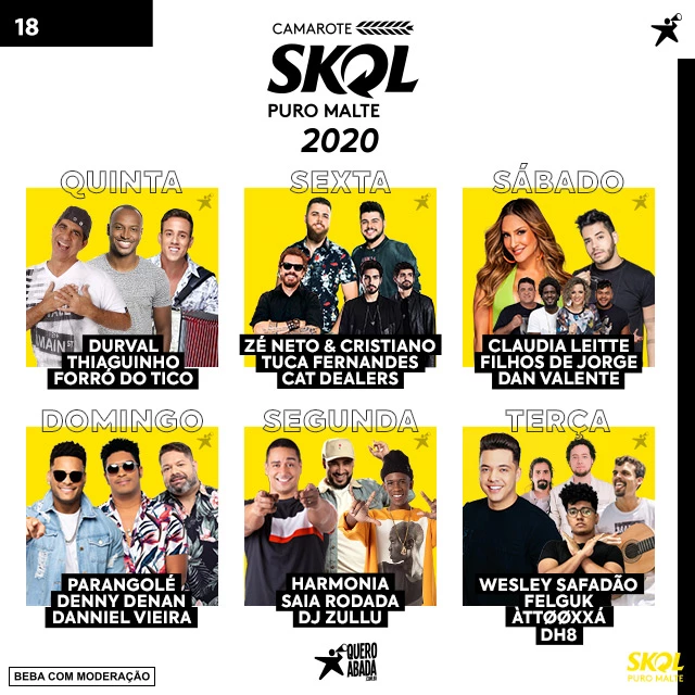 Grade de atrações camarote skol e lounge skol 2020