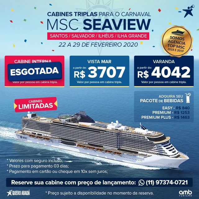 Promoção cabines triplas MSC Seaview Carnaval 2020