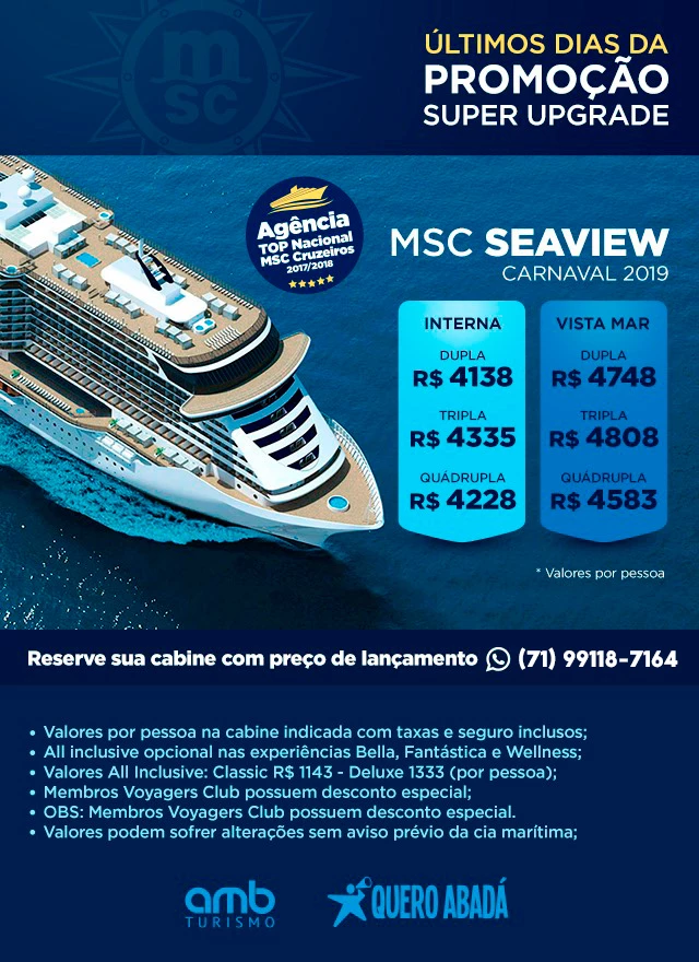 promoção msc cruzeiros seaview carnaval 2019