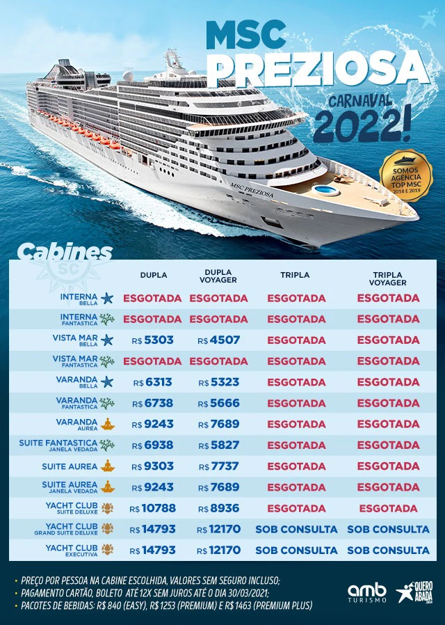 Reservar cabine msc preziosa carnaval 2022